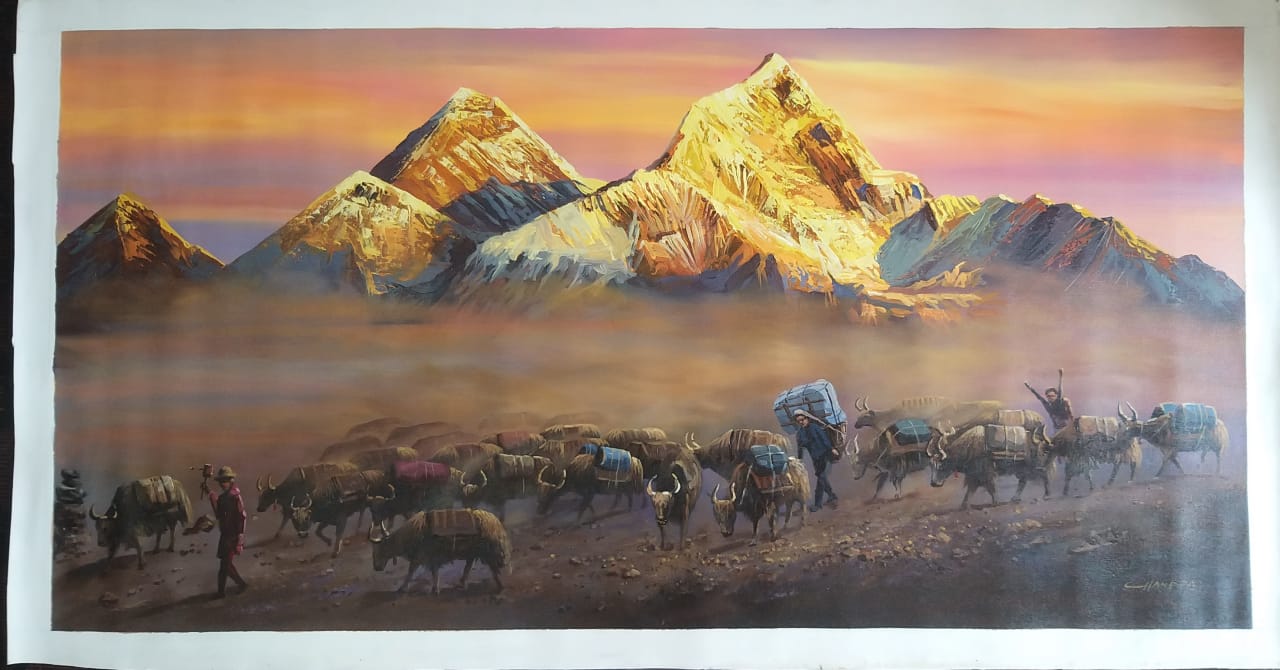 Mount Everest Painting, Hand Painted Himalayan Landscape wall art, Eternal beauty of mount Everest.