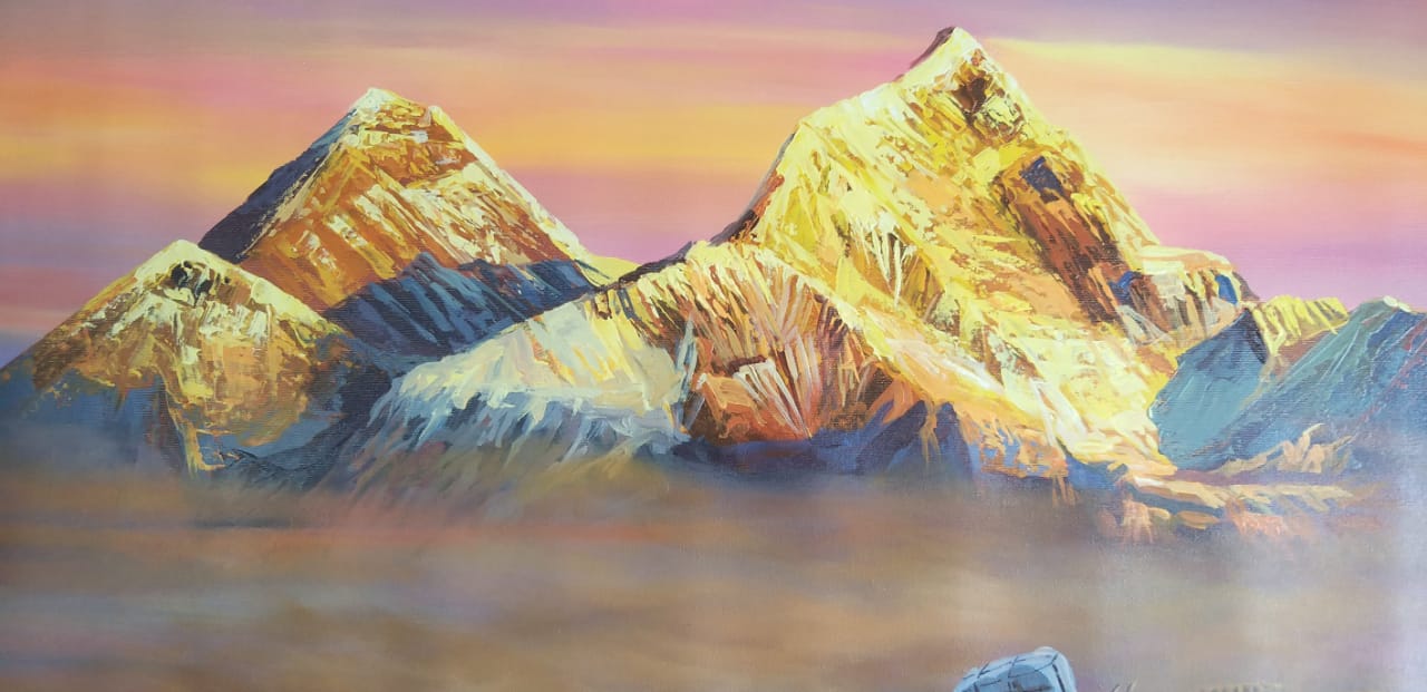 Mount Everest Painting, Hand Painted Himalayan Landscape wall art, Eternal beauty of mount Everest.