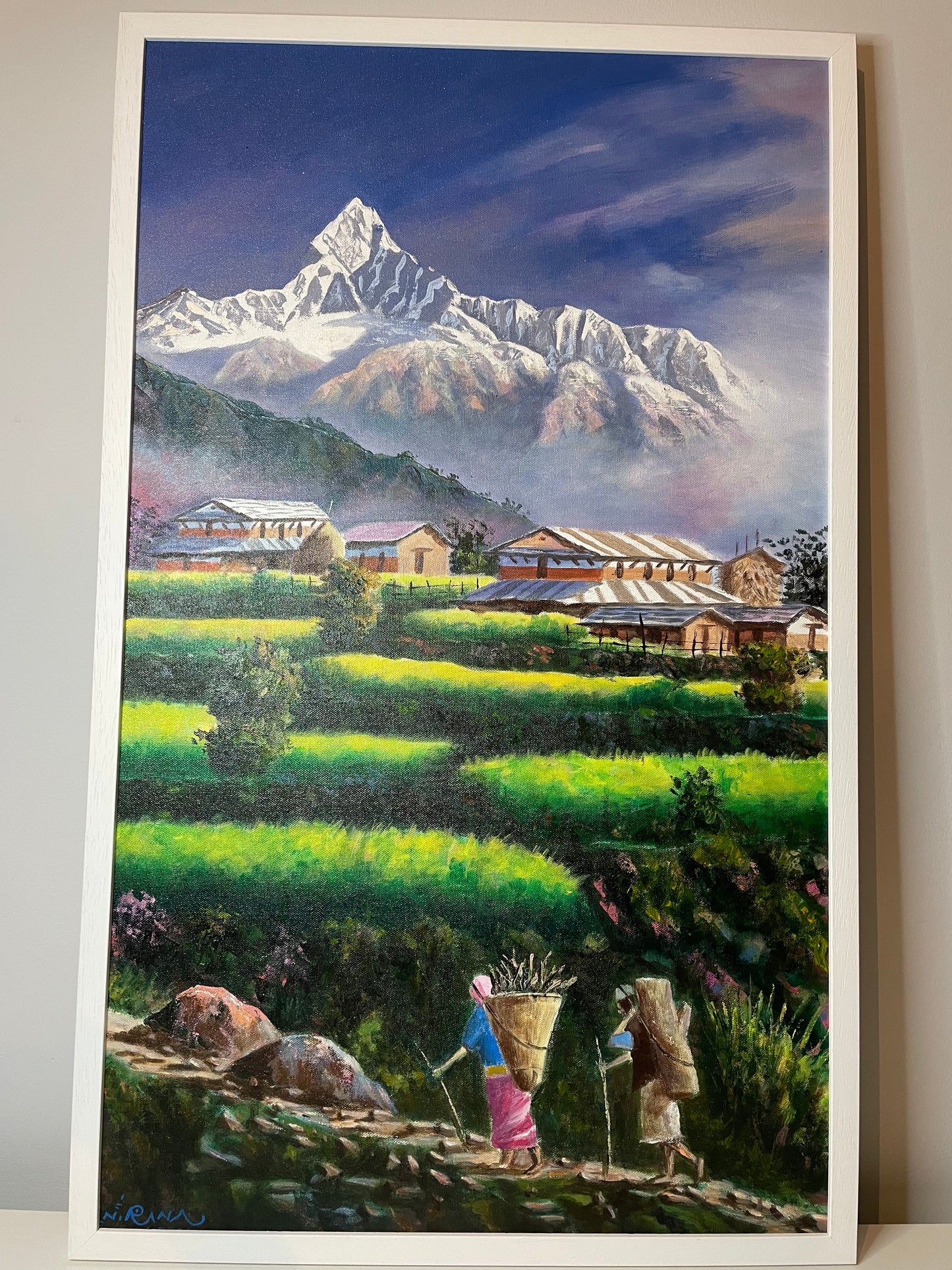 Machhapuchhre Mountain & Annapurna Village Life – Acrylic Painting of the Himalayas
