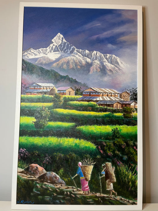 Machhapuchhre Mountain & Annapurna Village Life – Acrylic Painting of the Himalayas