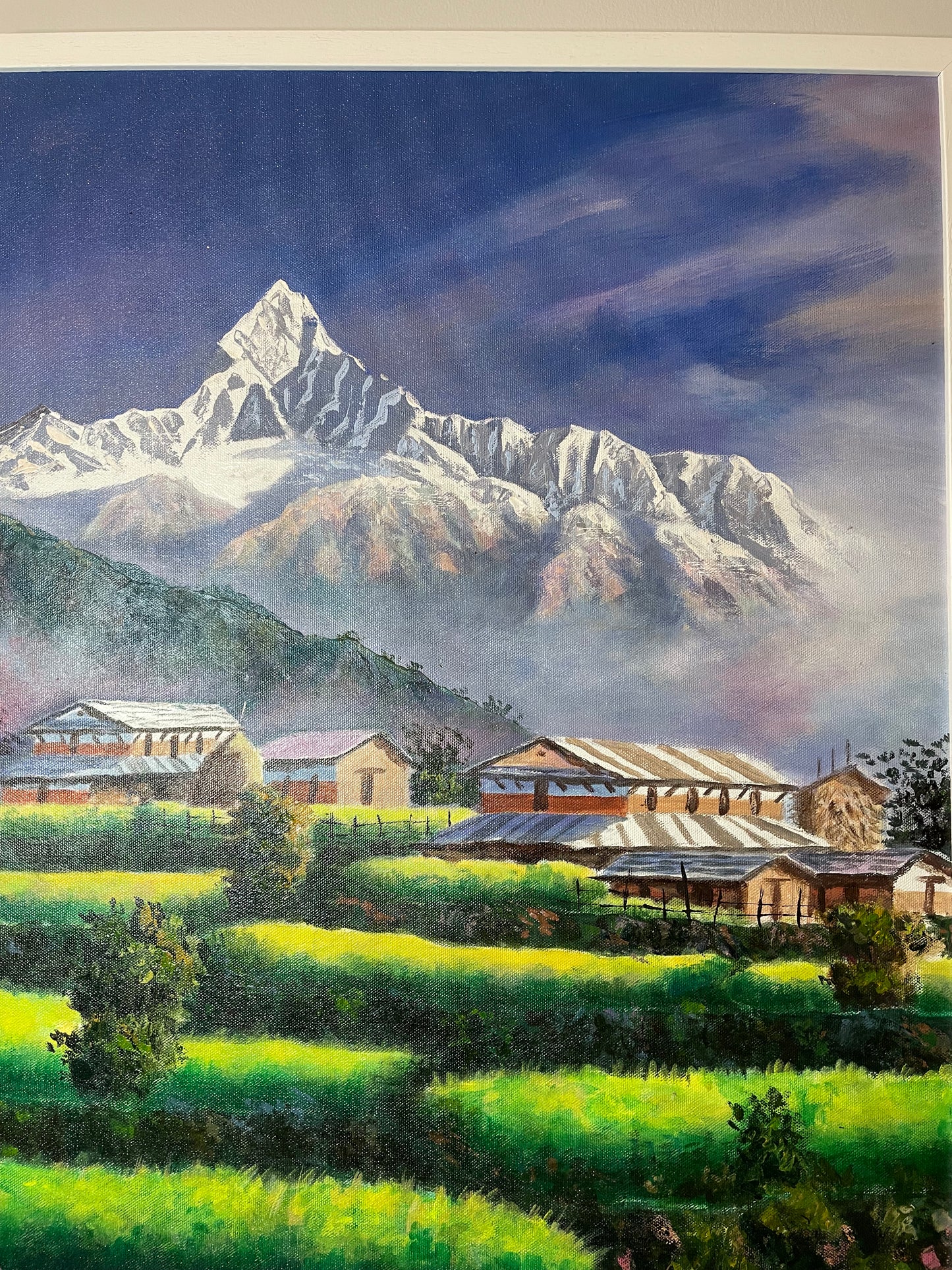 Machhapuchhre Mountain & Annapurna Village Life – Acrylic Painting of the Himalayas