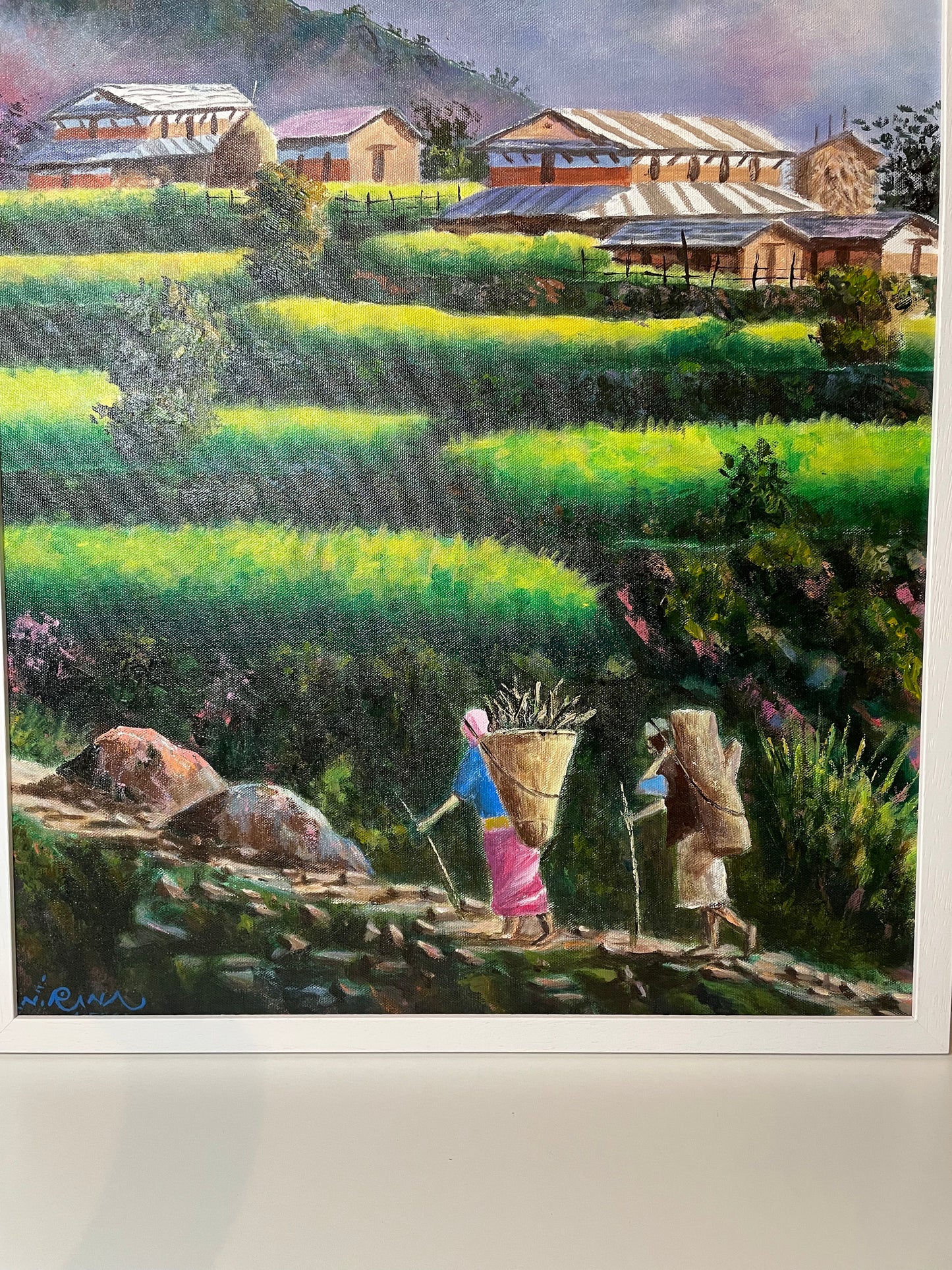 Machhapuchhre Mountain & Annapurna Village Life – Acrylic Painting of the Himalayas