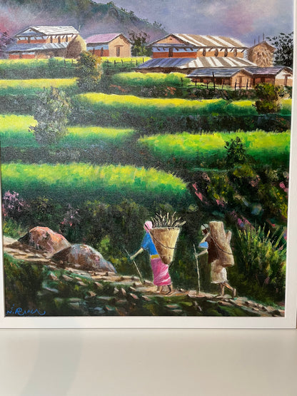 Machhapuchhre Mountain & Annapurna Village Life – Acrylic Painting of the Himalayas