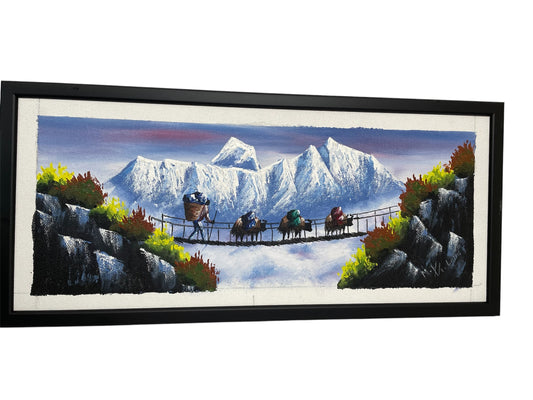 Hand-Painted Himalayan Village Scene in Custom Black Frame