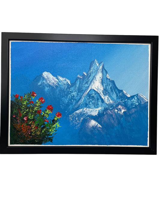 Machapuchare Mountain and Red Flowers Painting
