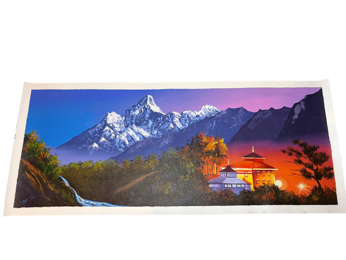 Ama Dablam  Mountains & Monastery, Hand-Painted Artwork