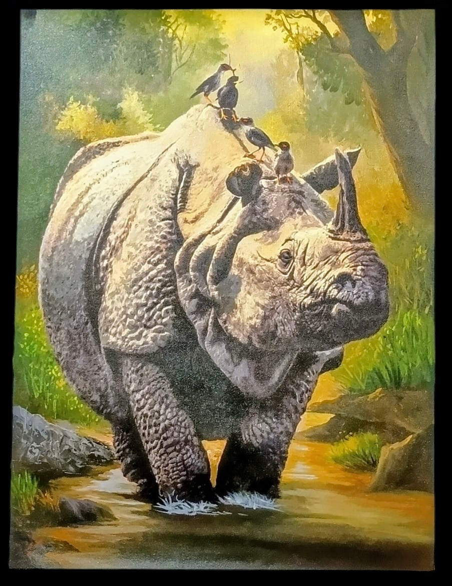 Rhinoceros in the Forest, Hand-Painted Nepalese Wildlife Artwork
